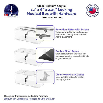 12"W x 4.25"H Locking Medical Box Clear Acrylic