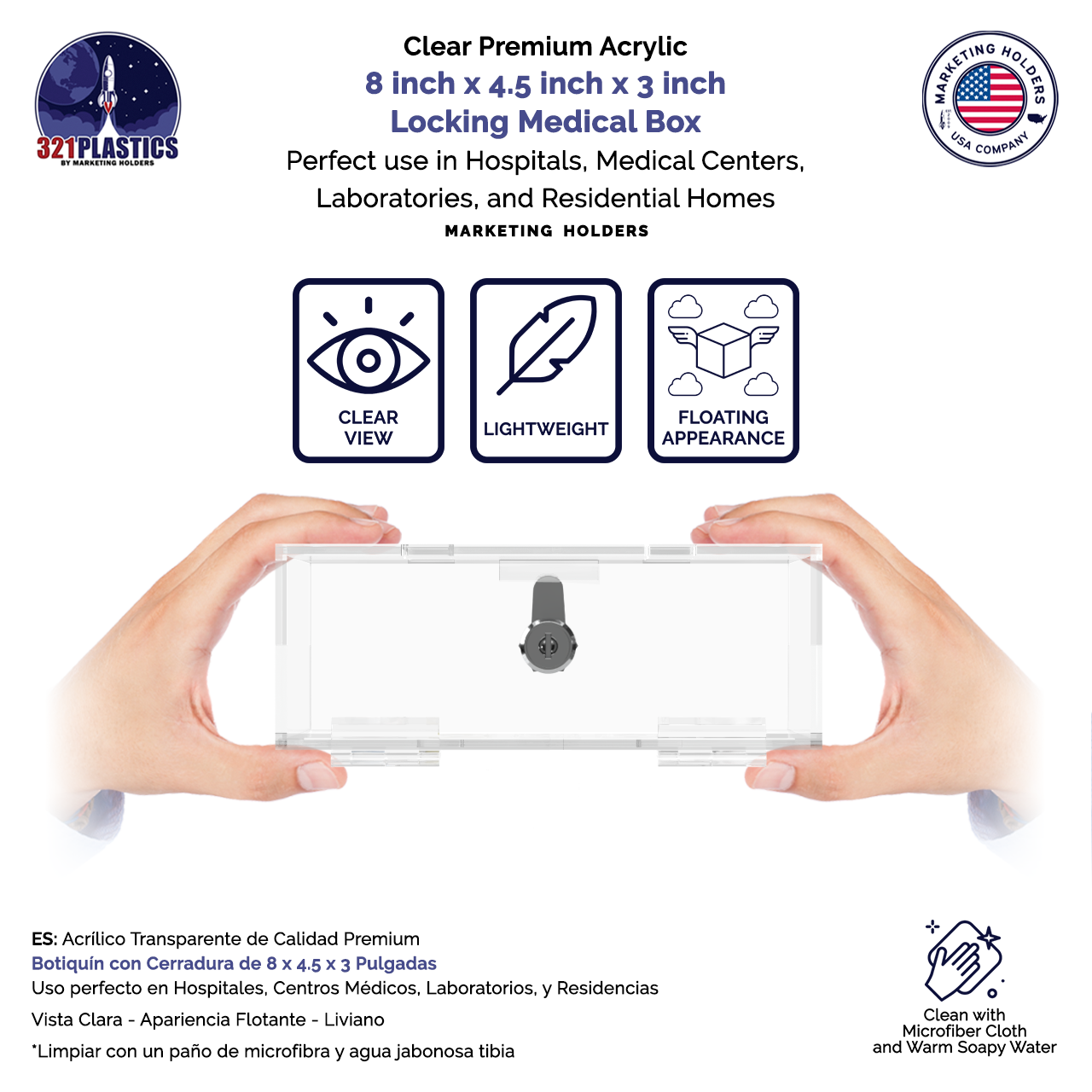 8"W x 3"H Locking Medical Box Clear Acrylic