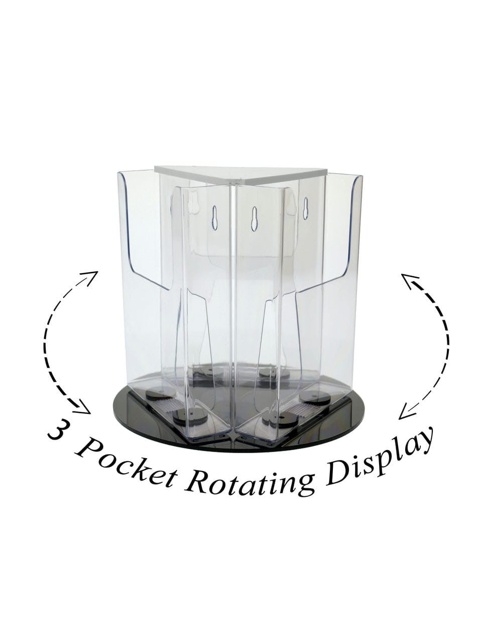Six Inches Wide Bi Fold Rotating Three Pocket Brochure or Literature Holder with closeup of rotating base and pockets