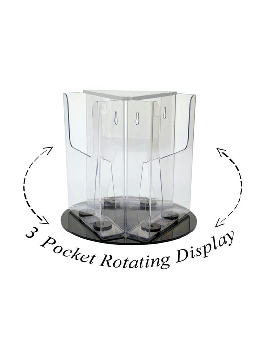 Six Inches Wide Bi Fold Rotating Three Pocket Brochure or Literature Holder with closeup of rotating base and pockets