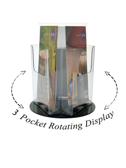 Six Inches Wide Bi Fold Rotating Three Pocket Brochure or Literature Holder showing how the organizer spins