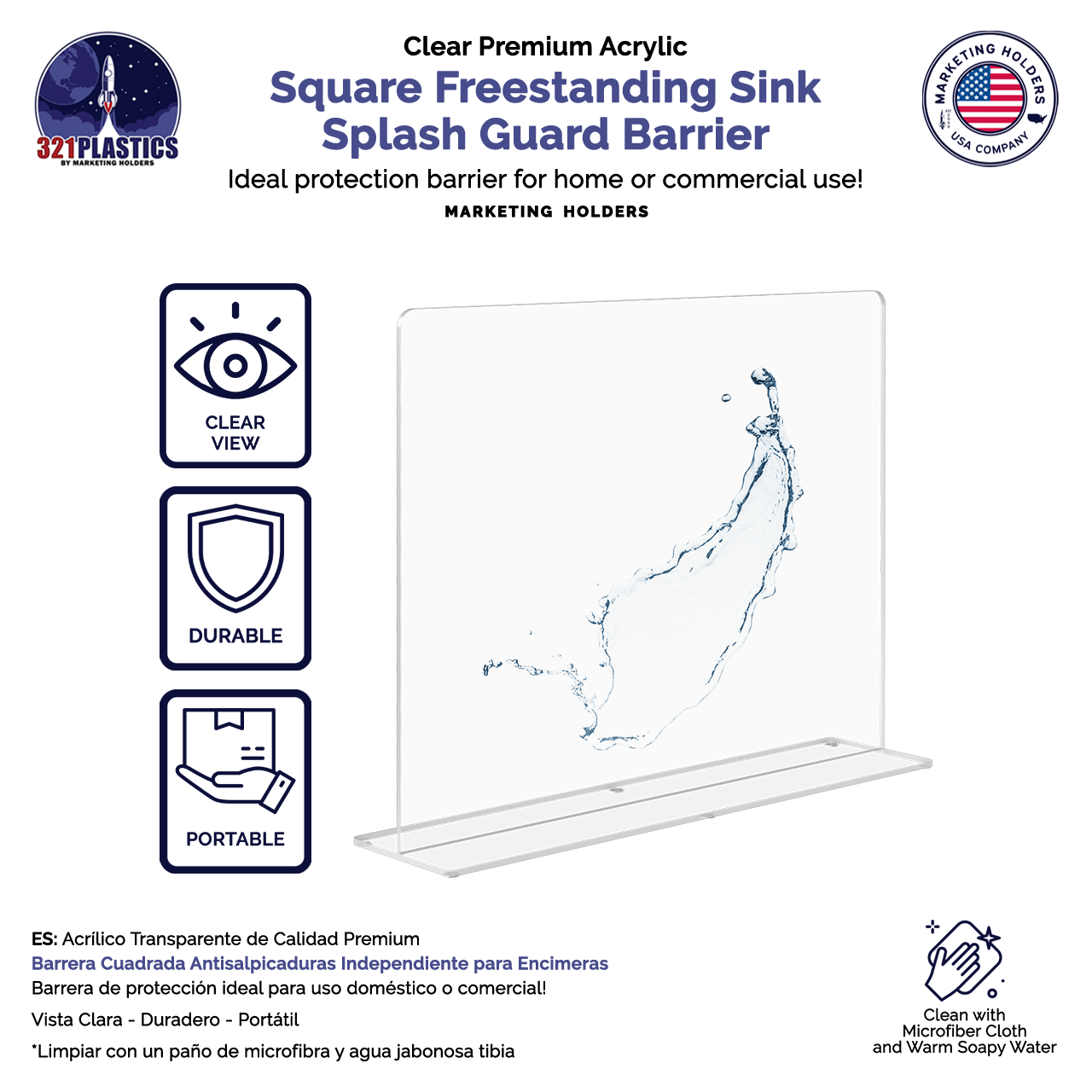 19"W x 15"H Sink Splash Guard Square Freestanding Barrier