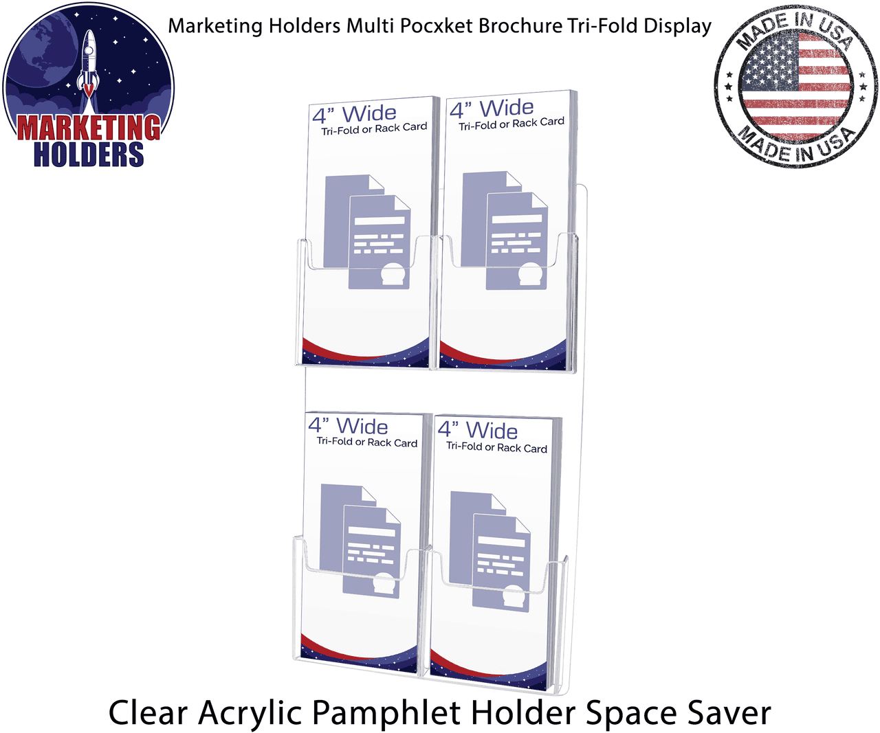 Wall 4 Pocket Brochure Holder for 4"W Trifold Literature