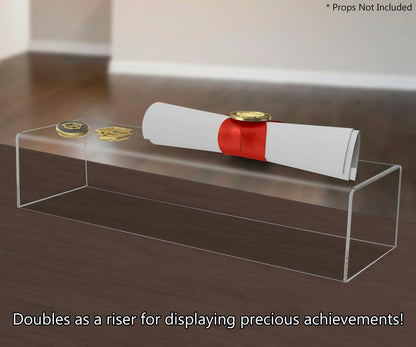 Fifteen Inches Wide by Three and Three Quarters Inches High Clear Compartment Bin countertop with scroll and pendant