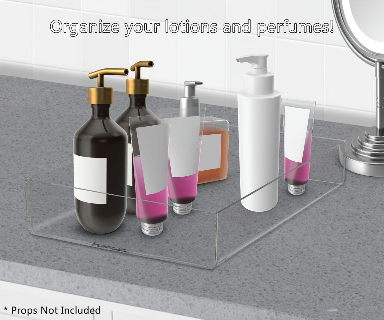 Eight and a Quarter Inches Wide by Two Inches High Tray for Home Decor Premium Clear Counter Top Display in a bathroom on a counter