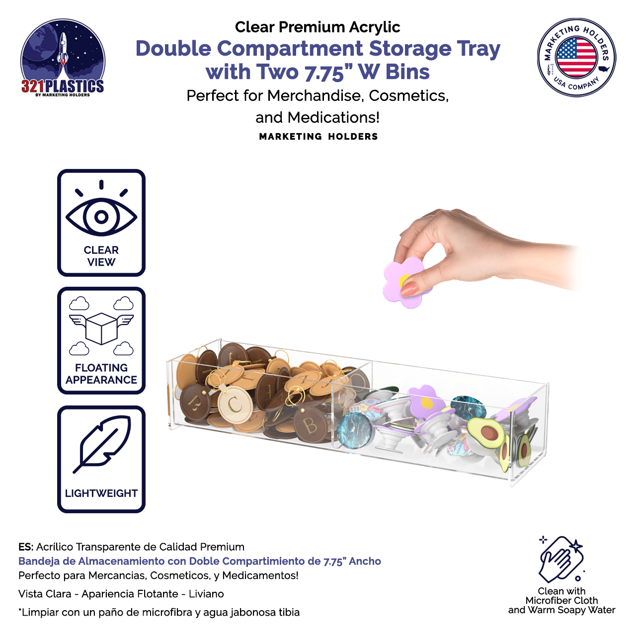 Clear Acrylic 16"W Double Compartment Storage Tray