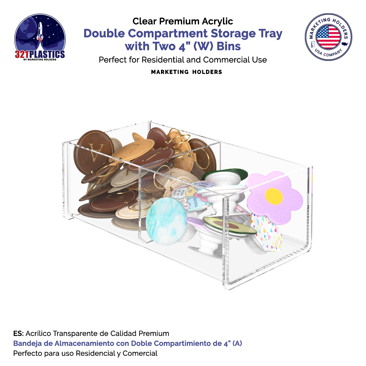 Double Compartment Storage Tray with Two 4"W Bins