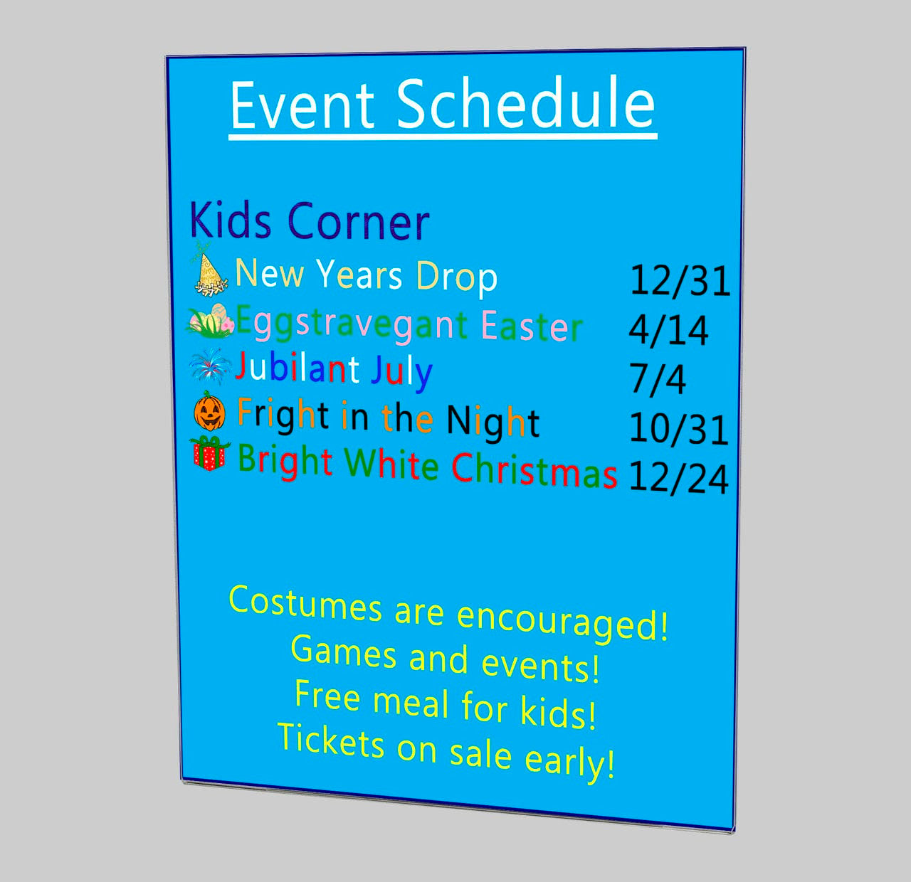 Eleven Inches Wide by Fourteen Inches High Sign Page Display with blue lit on a wall