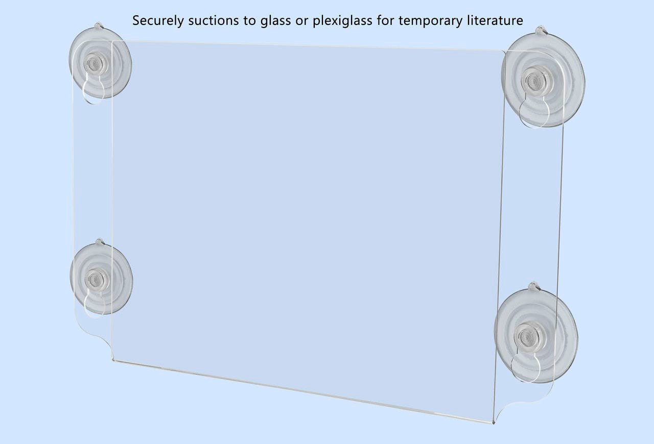 Sign Ad Flyer Holder with Suction Cups Eleven Inches Wide by Eight and a Half Inches High with blue background and text