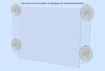 Sign Ad Flyer Holder with Suction Cups Eleven Inches Wide by Eight and a Half Inches High with blue background and text