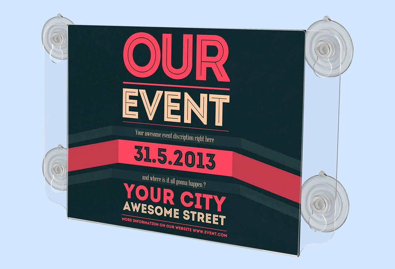 Sign Ad Flyer Holder with Suction Cups with literature on a blue background Eleven Inches Wide by Eight and a Half Inches High