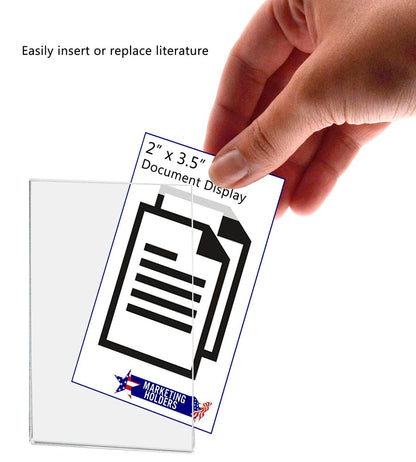 Small Sign Holder Ad Frame Double Sided Adhesive Tape with literature dimensions and Two Inches Wide by Three and a Half Inches High hand