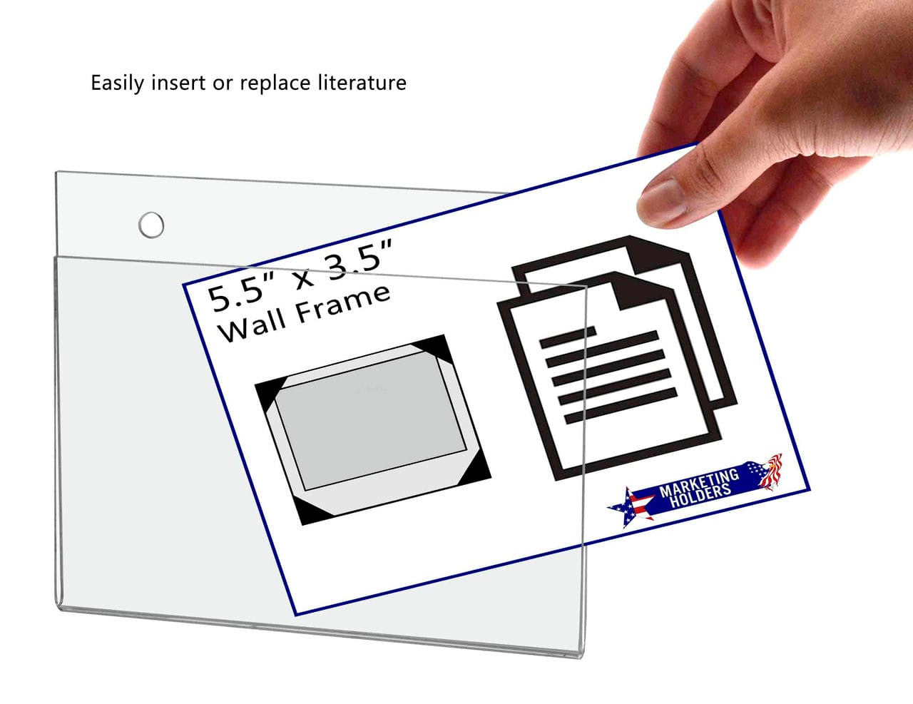 Horizontal Sign Holder Mounting Holes Literature action Five and a Half Inches Wide by Three and a Half Inches High