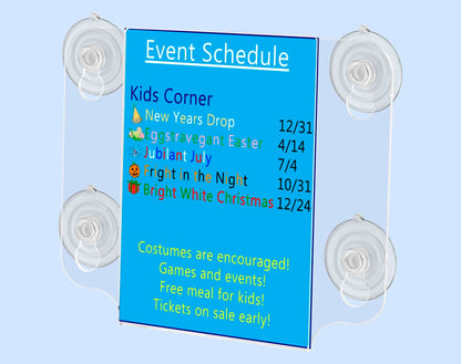 Small Signage Holder with Suction Cup Ring Hooks Map on a wall with literature on a blue surface with text Five Inches Wide by Seven Inches High