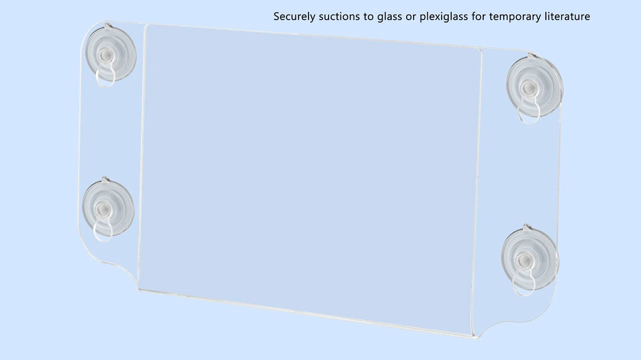 Double Sided Sign Holder with Suction Cup Window Mount on a surface with verbiage and text Seven Inches Wide by Five Inches High