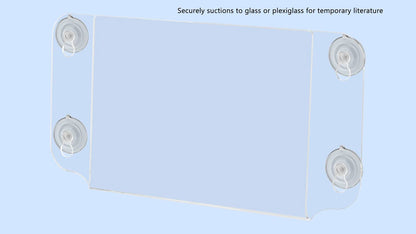 Double Sided Sign Holder with Suction Cup Window Mount on a surface with verbiage and text Seven Inches Wide by Five Inches High