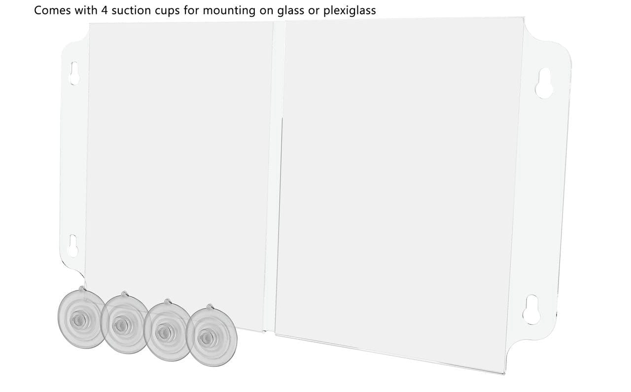 Eight and a half inch wide by eleven inch high Double Wall Mount Ad Frame Sign Holder Image Display empty with suction cups with verbiage and text