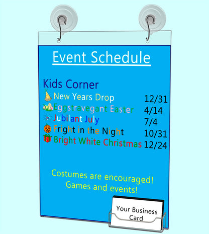 8.5"W x 11"H Window Sign Holder with Card Pocket and Suction Cup with Hooks