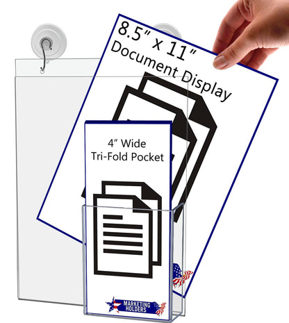 8.5"W x 11"H Window Sign Holder with Brochure Pocket Suction Cup with Hooks