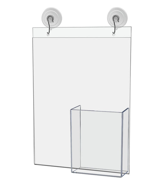 8.5"W x 11"H Window Sign Holder with Brochure Pocket Suction Cup with Hooks
