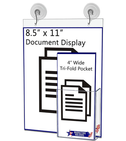 8.5"W x 11"H Window Sign Holder with Brochure Pocket Suction Cup with Hooks