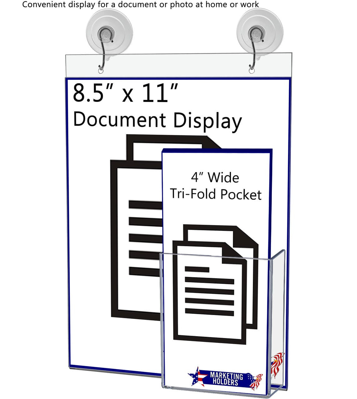 8.5"W x 11"H Window Sign Holder with Brochure Pocket Suction Cup with Hooks