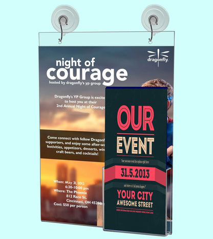 8.5"W x 11"H Window Sign Holder with Brochure Pocket Suction Cup with Hooks