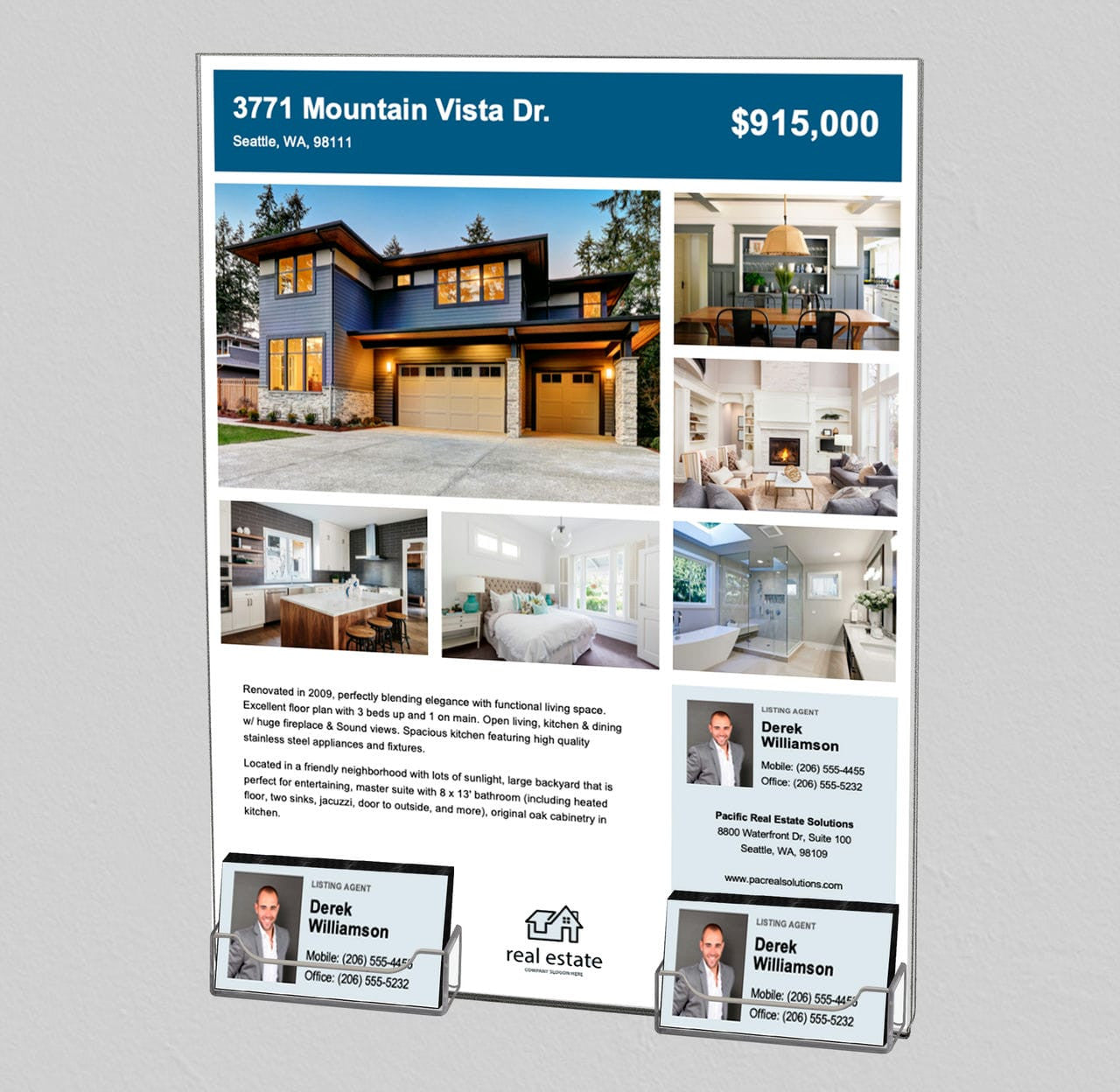 8.5"W x 11"H Wall Sign Holder with 2 Business Card Slots and Tape