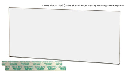 Eight and a Quarter Inches Wide by Four Inches High Comes with two strips of double sided tape