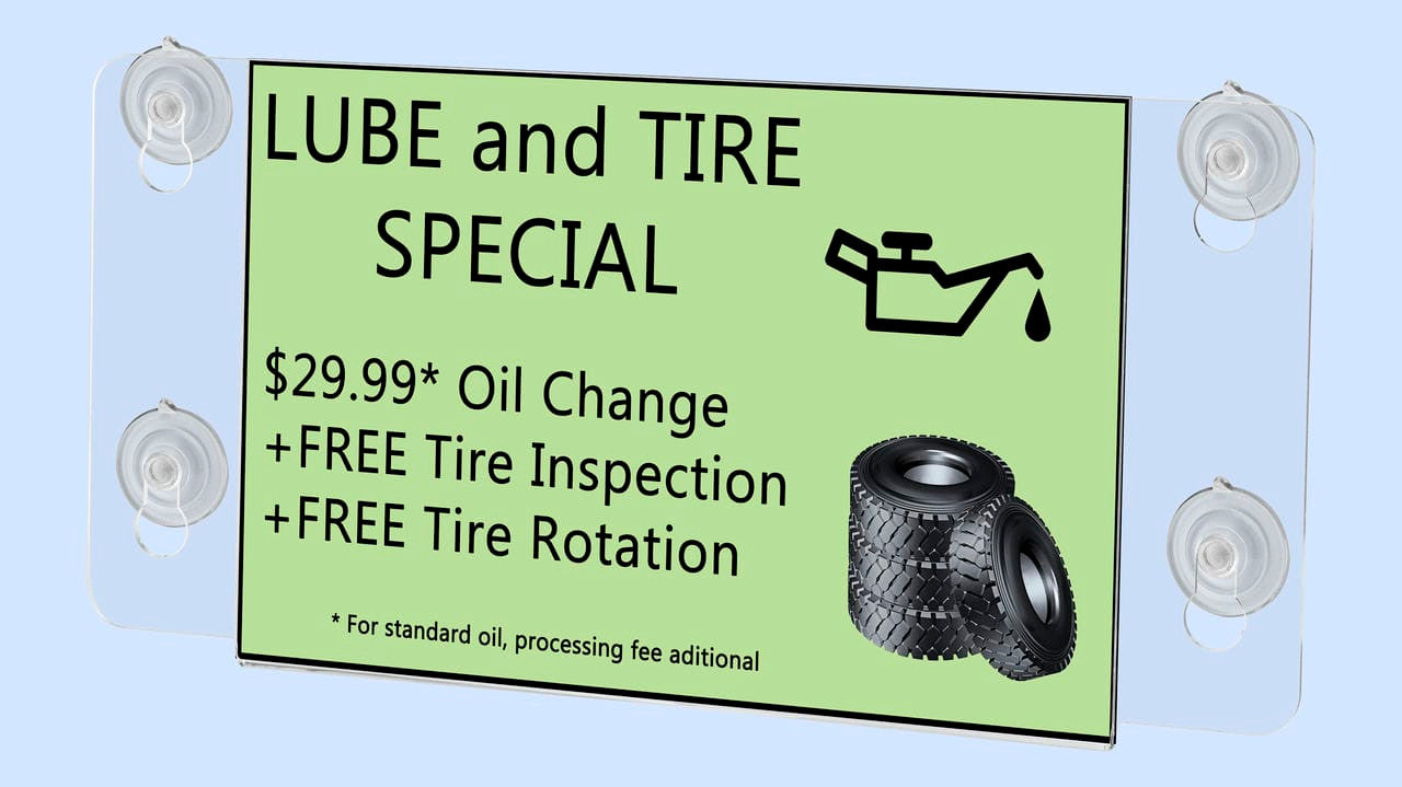 Eight and a half inch wide by five and a half inch high Double Sided Signage Holder with Suction Cups with a Blue Background with Literature