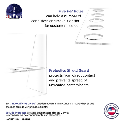 Ice Cream Cone Holder 5 Slot Dessert Display with Sneeze Guard