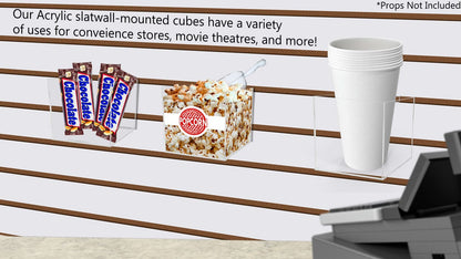 Four Inch Wide Our acrylic slat wall mounted cubes have a variety of uses for convenience stores movie theaters and more