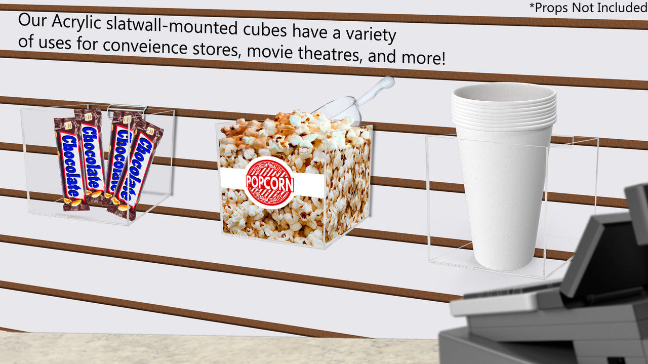 Five Inches Wide Our acrylic slat wall mounted cubes have a variety of uses for convenience stores movie theaters and more