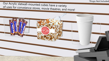 Five Inches Wide Our acrylic slat wall mounted cubes have a variety of uses for convenience stores movie theaters and more