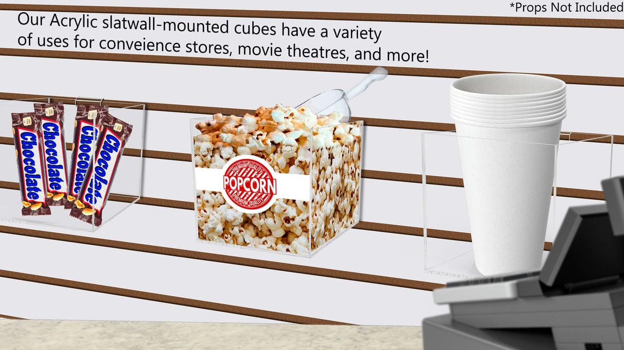 Six Inch Wide Our acrylic slatwall mounted cubes have a variety of uses for convenience stores movie theaters and more