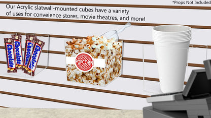 Six Inch Wide Our acrylic slatwall mounted cubes have a variety of uses for convenience stores movie theaters and more
