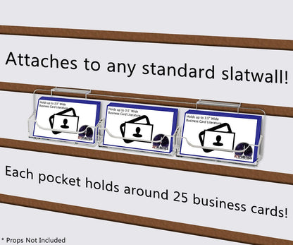 Attaches to any standard slatwall with each pocket business cards