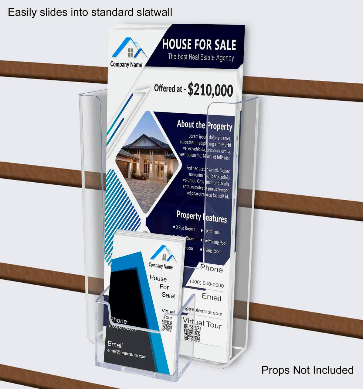 Slatwall Holder for Four and a  Quarter Inches Wide Literature and Cards Tall Clear Acrylic on a wall with literature