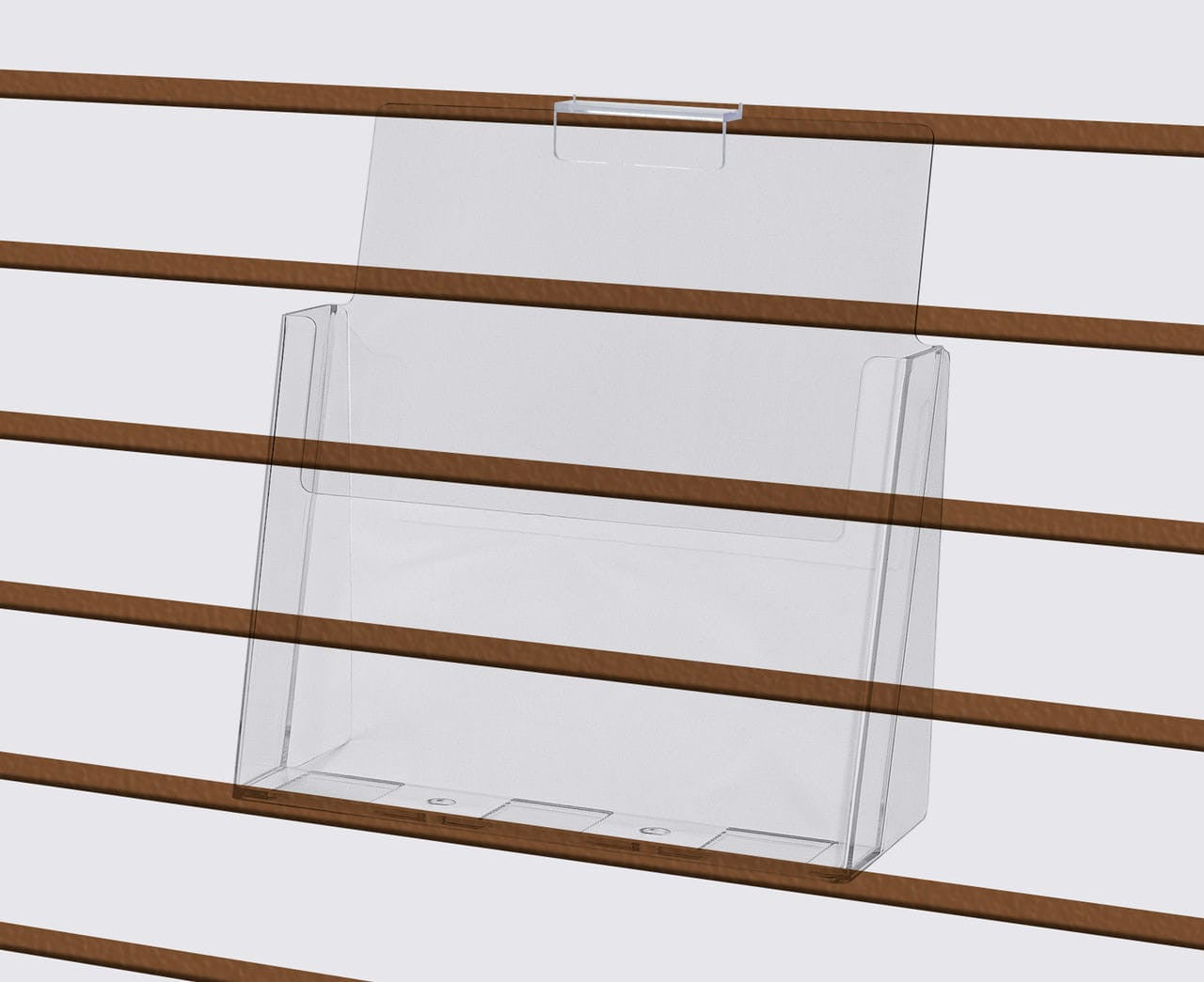 Nine Inches Wide Slatwall Literature Holder on a wall empty