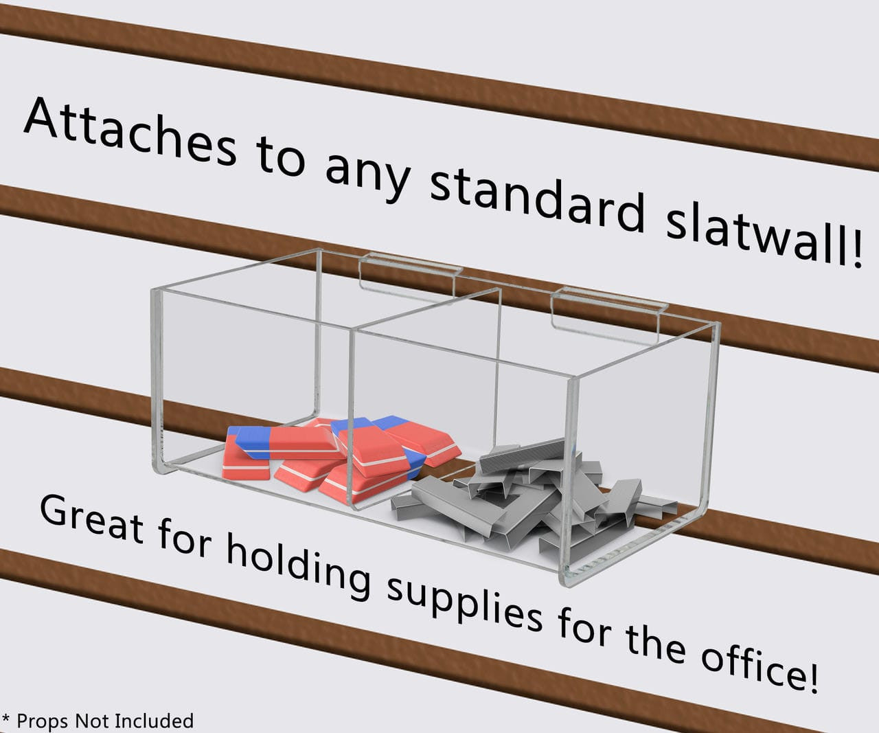 Eight Inches Wide Double Bin Attaches to any standard slat wall conveniently holding supplies for the office