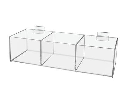 Slatwall 12"W Acrylic 3 Compartment Retail Product Storage Bin