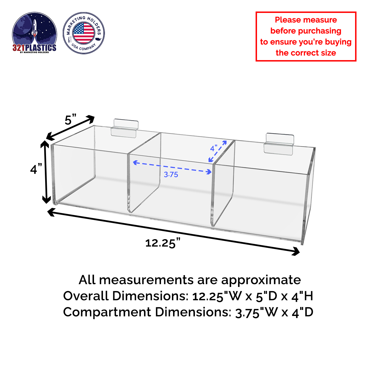 Slatwall 12"W Acrylic 3 Compartment Retail Product Storage Bin