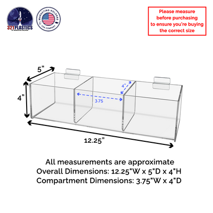 Slatwall 12"W Acrylic 3 Compartment Retail Product Storage Bin
