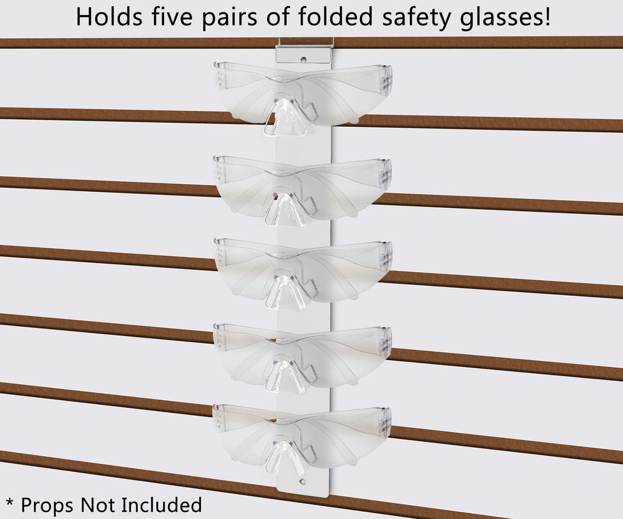 Holds five pairs of folded safety glasses