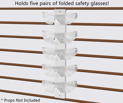 Holds five pairs of folded safety glasses