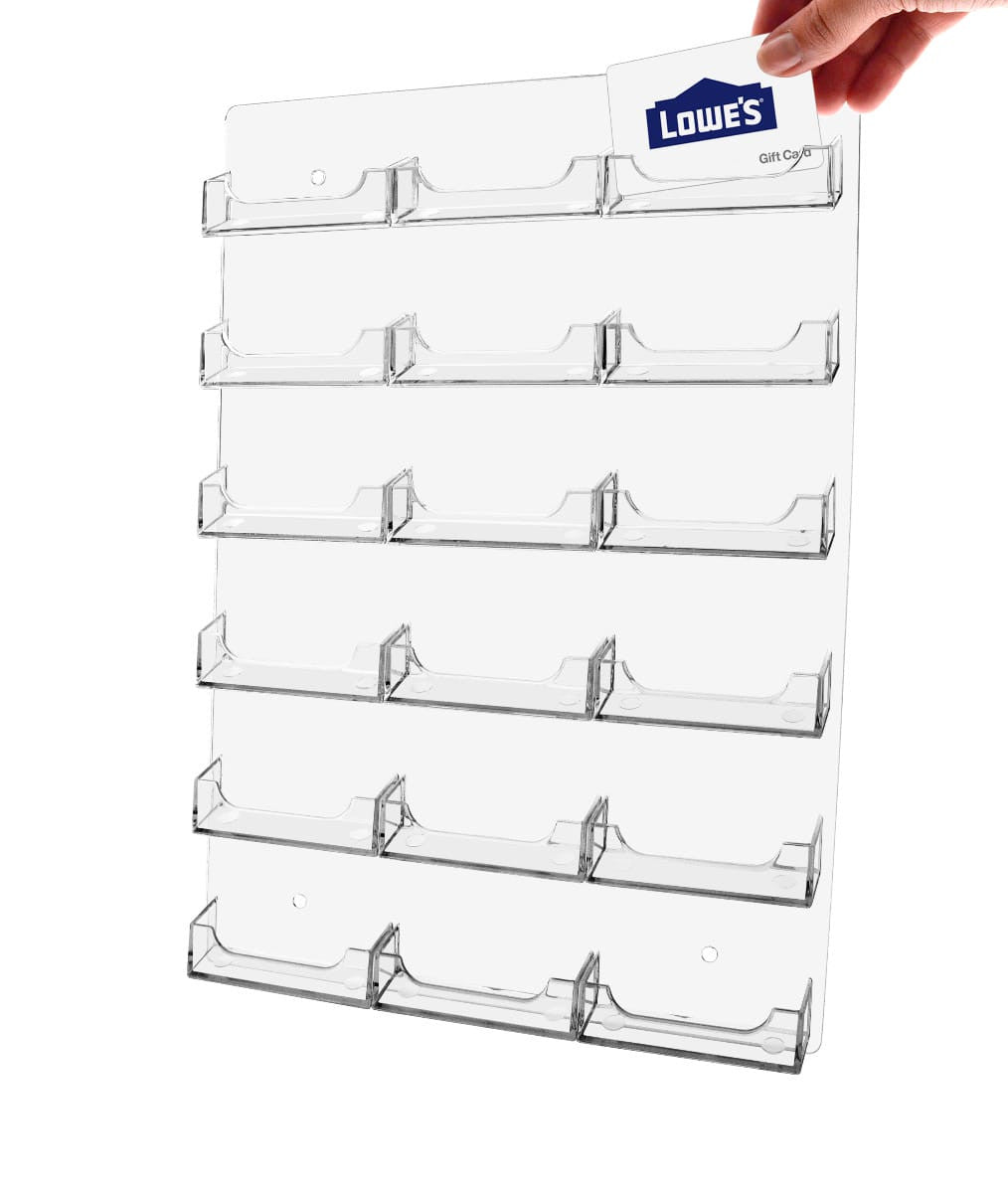 Eighteen  Pocket Wall Business Card Rack Holder Vertical Hanging clear with one business card and a hand
