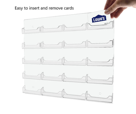Twenty Pocket Wall Business Card Holder Hanging Rack Membership Cards with a business card and text and a hand
