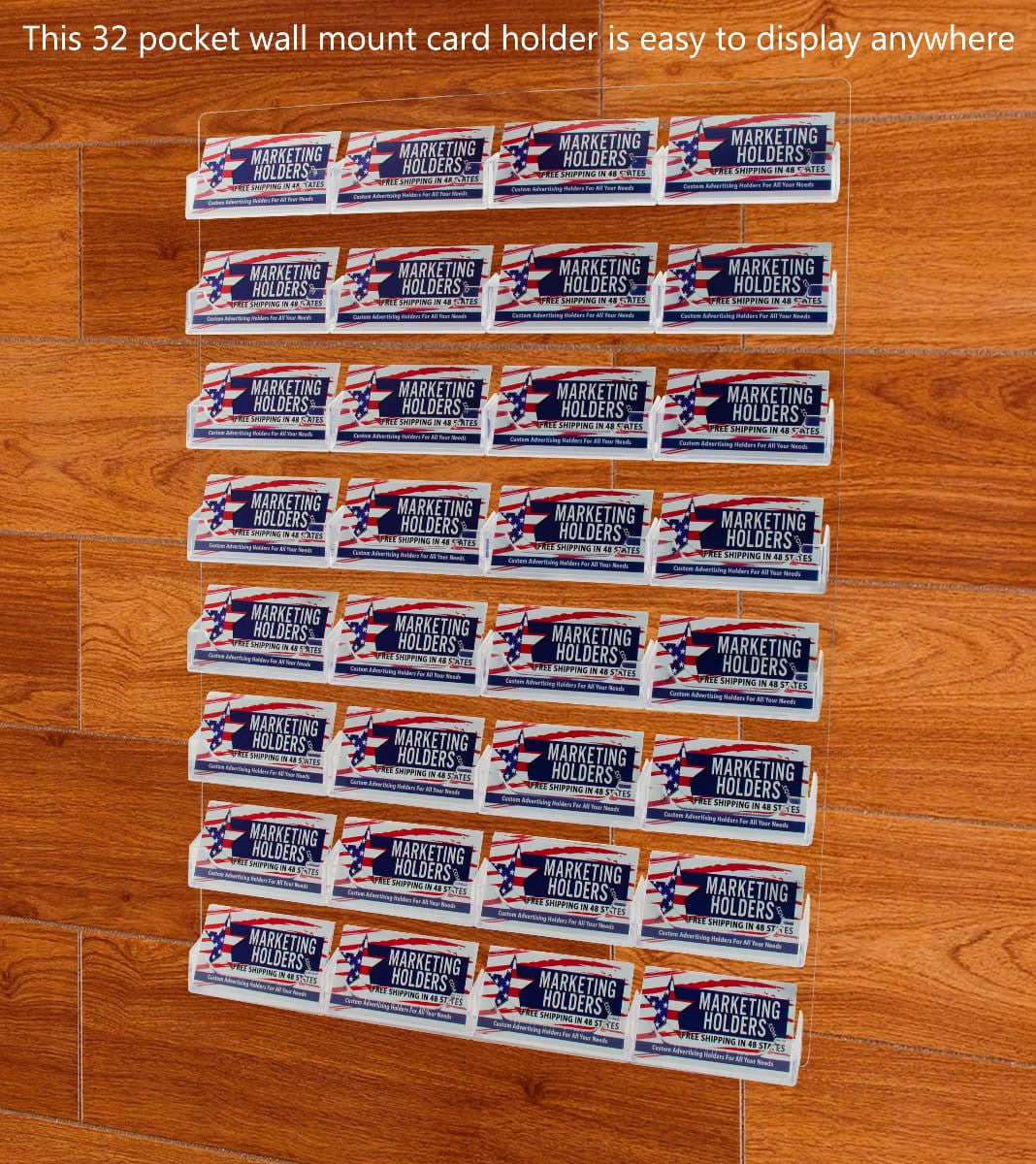 Thirty Two Pocket Wall Business Card Holder Vertical Hanging Organizer on a wall full of business cards