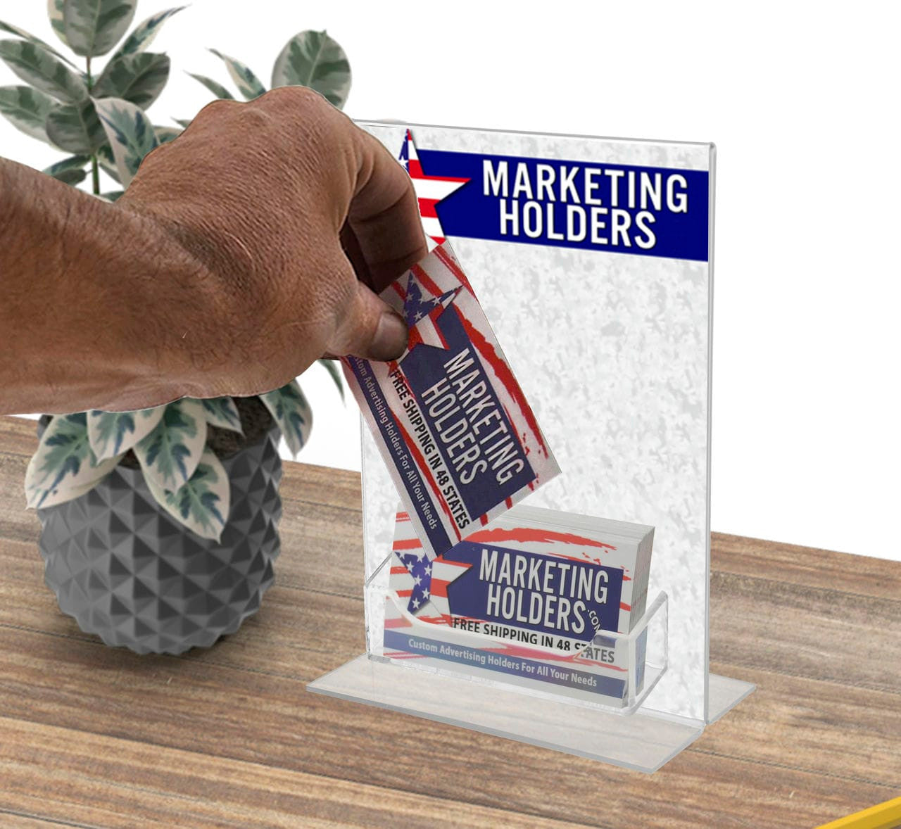 Empty bottom loading display with business card holder action on desk