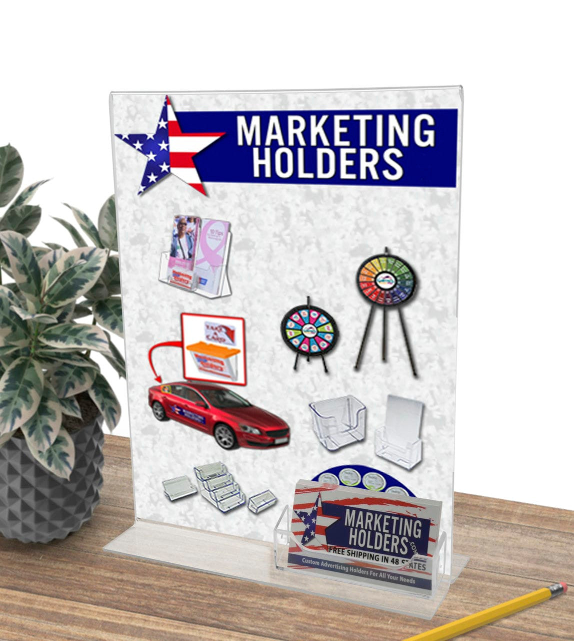 Ad frame with cards and literature on a desk